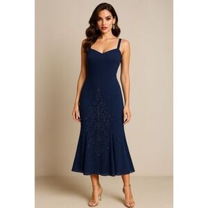 R&M Richards Navy Beaded Midi Dress Sz 10 90s Y2K Wedding Guest Formal Whimsical